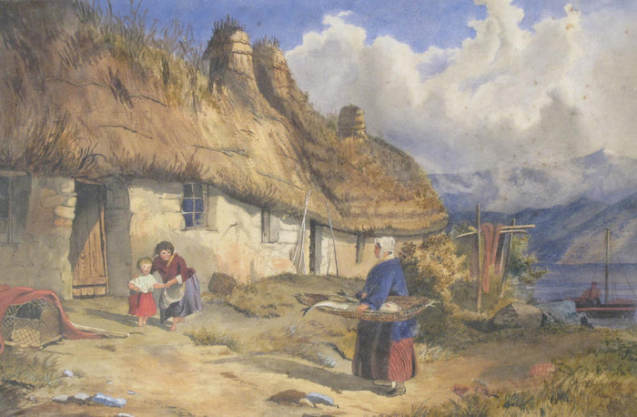 Fishwife by  a Thatched Cottage, vintage artwork by Follower of Alfred Downing Fripp, A3 (16x12