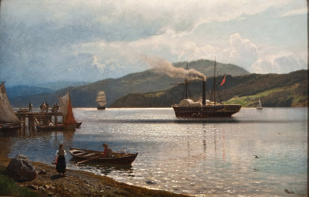 Steamship at Drøbak, vintage artwork by Hans Gude, 12x8" (A4) Poster