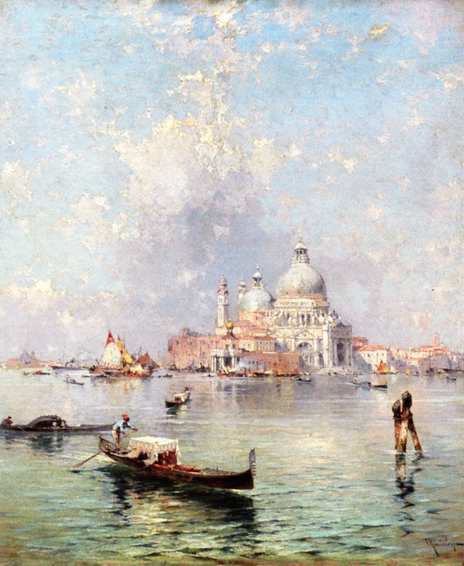 Gondolas in front of the Santa Maria della Salute, Venice, vintage artwork by Franz Richard Unterberger, 12x8" (A4) Poster