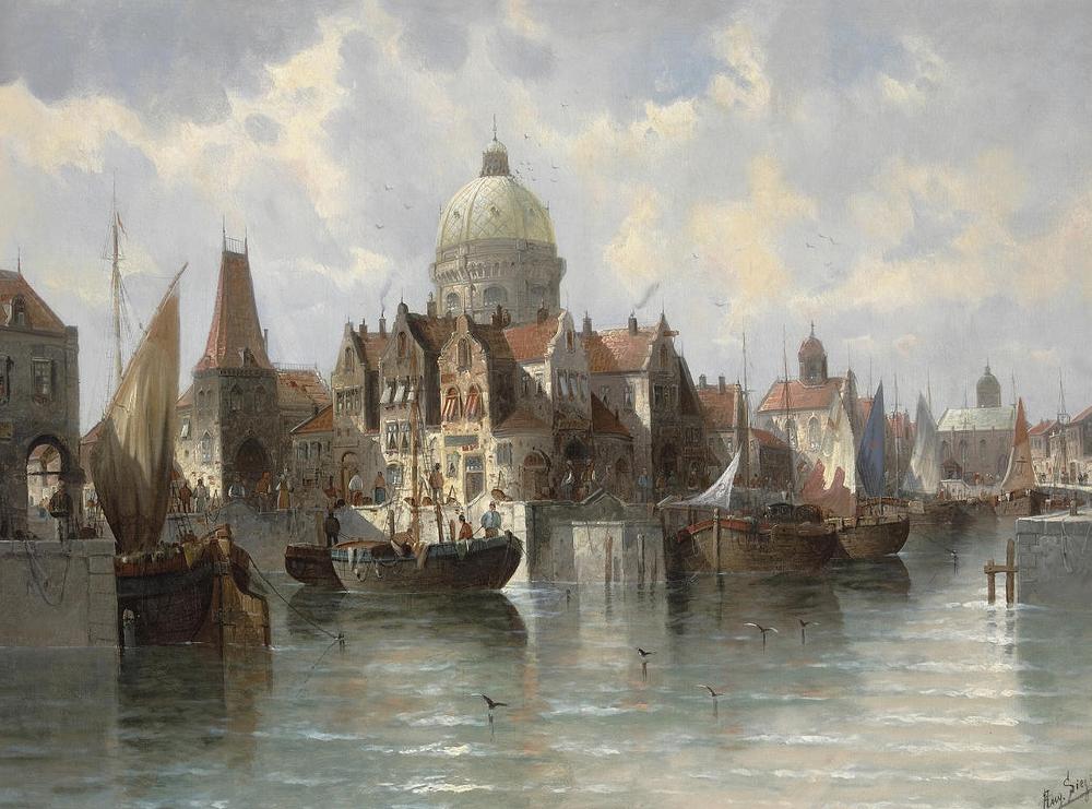 View of a Dutch Harbor, vintage artwork by August von Siegen, 12x8" (A4) Poster