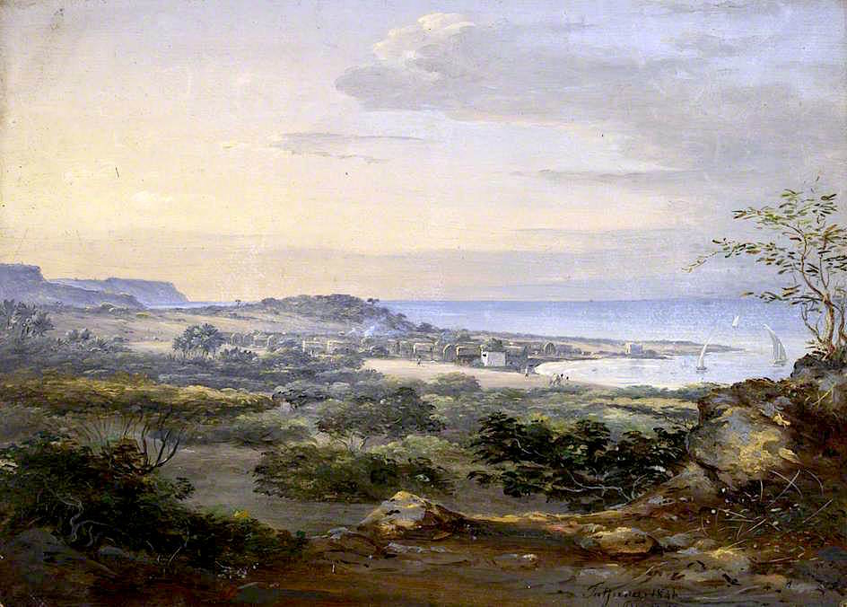 Tajura: Landscape with a Small Town beside a Bay, vintage artwork by Johann Martin Bernatz, A3 (16x12") Poster Print