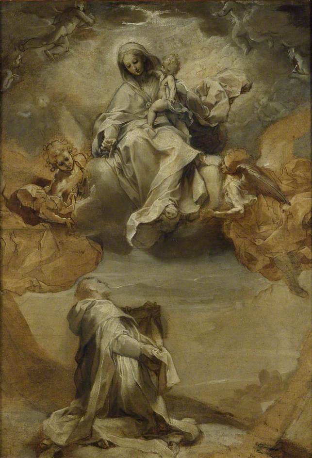 Saint Dominic de Guzmán receiving the Rosary, vintage artwork by Federico Barocci, 12x8