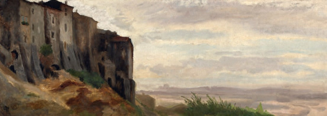 Architectural Study of a Village in the Alban Hills, with a Distant View of the Campagna Romana, vintage artwork by Oswald Achenbach, 12x8" (A4) Poster