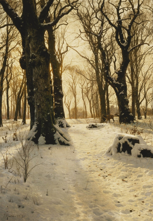 Winter Forest with Deer, vintage artwork by Peder Mork Mønsted, 12x8" (A4) Poster
