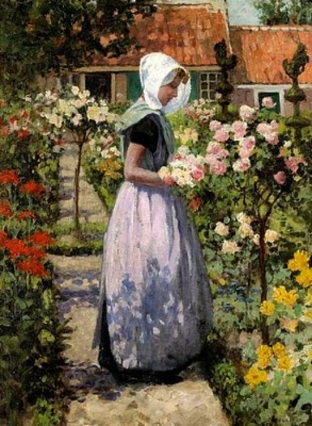 Dutch woman in a garden, vintage artwork by George Hitchcock, 12x8" (A4) Poster