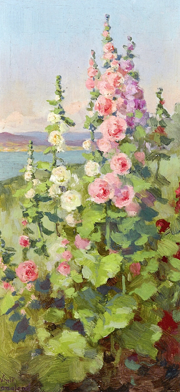Hollyhocks, vintage artwork by Edith White, 12x8" (A4) Poster