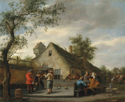 Country People Playing a Ball-game, vintage artwork by Jan Havicksz. Steen, 12x8" (A4) Poster