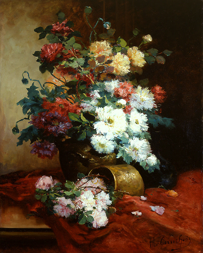 Roses and Dahlias, vintage artwork by Eugene Henri Cauchois, 12x8" (A4) Poster