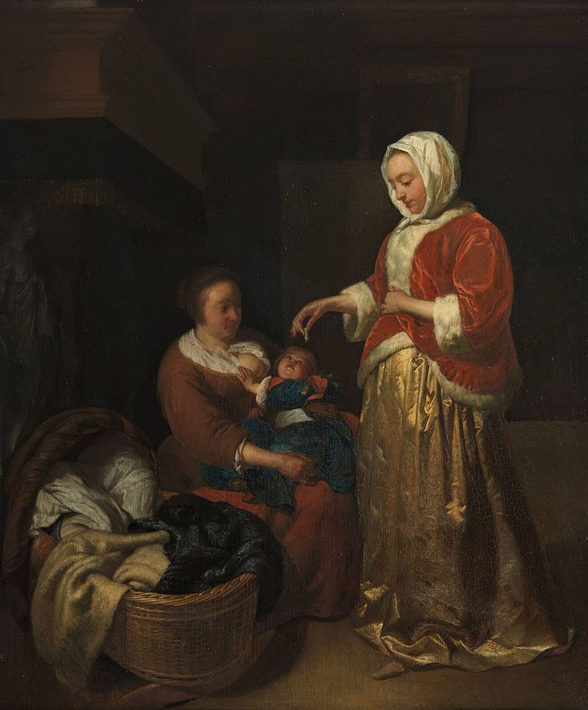 Interior with a Mother, a Nurse and an Infant, vintage artwork by Jost van Geel, 12x8" (A4) Poster