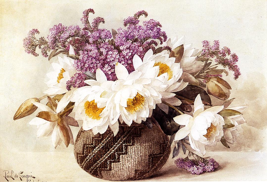 Flowers in an Indian Basket, vintage artwork by Paul De Longpre, 12x8" (A4) Poster