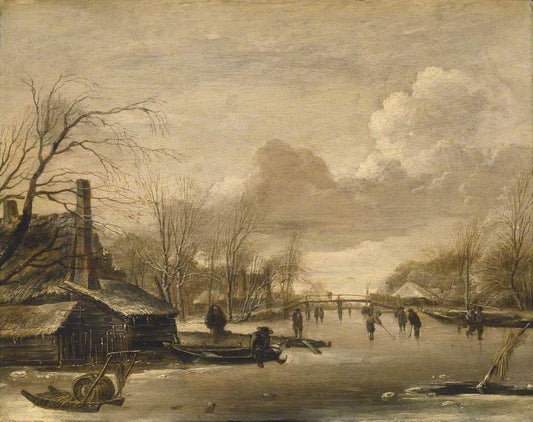 Winter Scene with Thatched Cotages by  a River spanned by  a Wooden Bridge, vintage artwork by Jan van de Cappelle, 12x8" (A4) Poster
