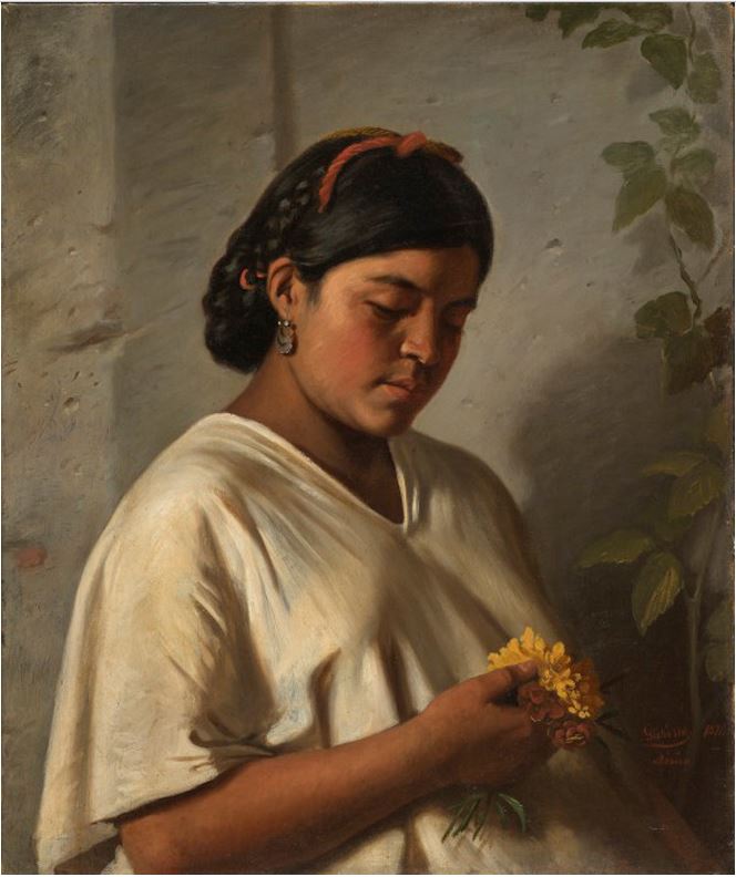 Portrait of a Woman with a Marigold, vintage artwork by Felipe Santiago Gutierrez, 12x8" (A4) Poster