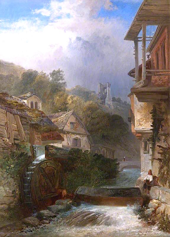 River with Watermill and Village beyond, vintage artwork by James Vivien De Fleury, 12x8" (A4) Poster