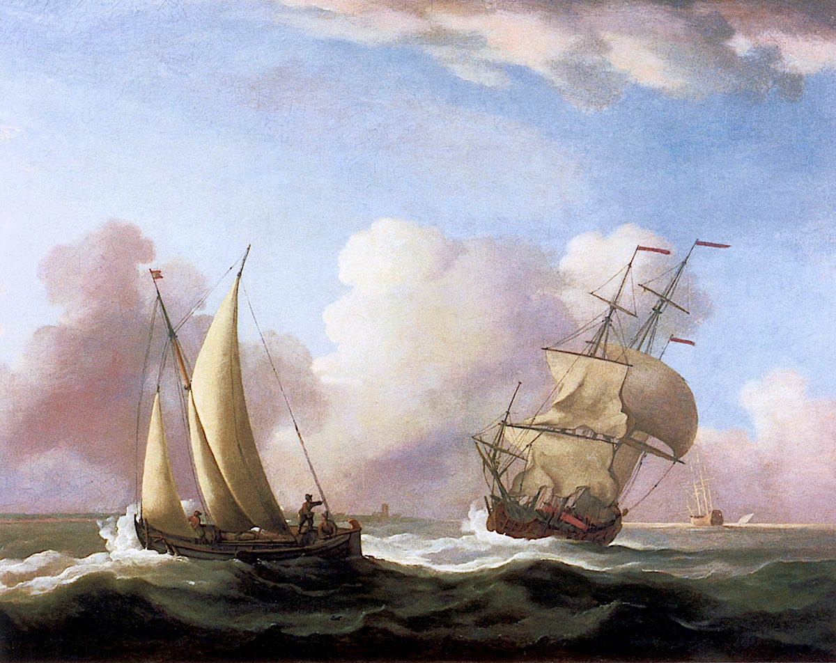 A Small Sailing Boat and a Merchantman at Sea in a Rising Wind, vintage artwork by Peter Monamy, 12x8" (A4) Poster