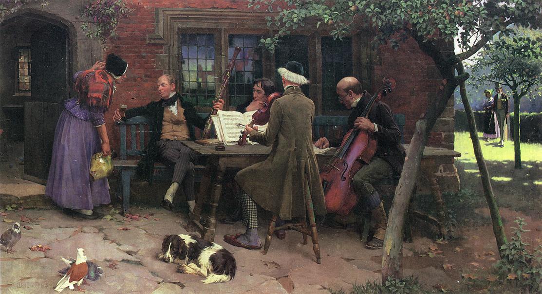 Musicians outside an Inn, vintage artwork by Leghe Suthers, 12x8" (A4) Poster