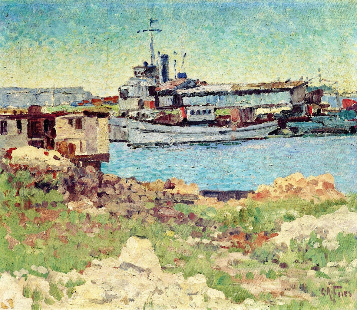 San Diego Bay - Foot of Grape Street, vintage artwork by Charles A. Fries, 12x8" (A4) Poster
