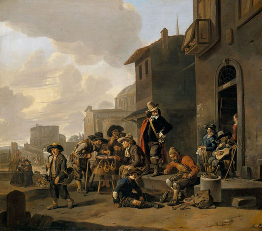 Figures Before a Locanda with a View of the Piazza del Popolo, vintage artwork by Johannes Lingelbach, 12x8" (A4) Poster