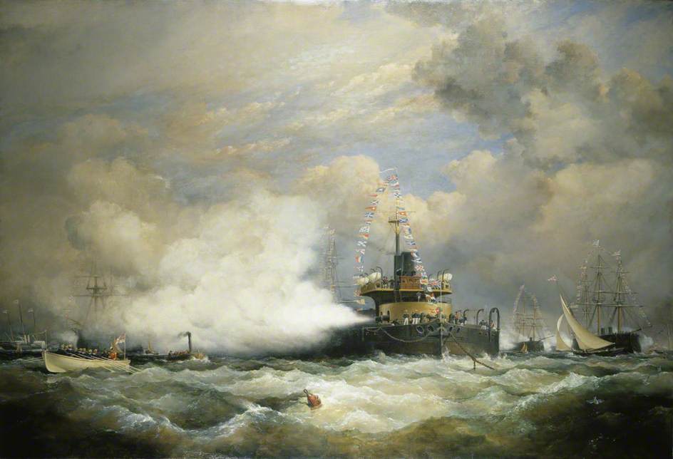 HM Turret Ship 'Devastation' at Spithead, vintage artwork by Edward William Cooke, R.A., A3 (16x12") Poster Print