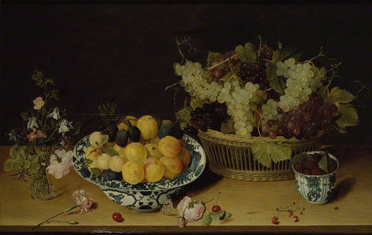 Still life of Fruit and Flowers, vintage artwork by Isaak Soreau, 12x8" (A4) Poster