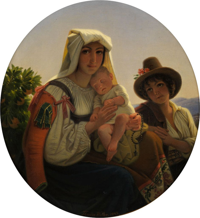 Italian Mother with Toddler and Boy in a Landscape, vintage artwork by Theodor Weller, A3 (16x12