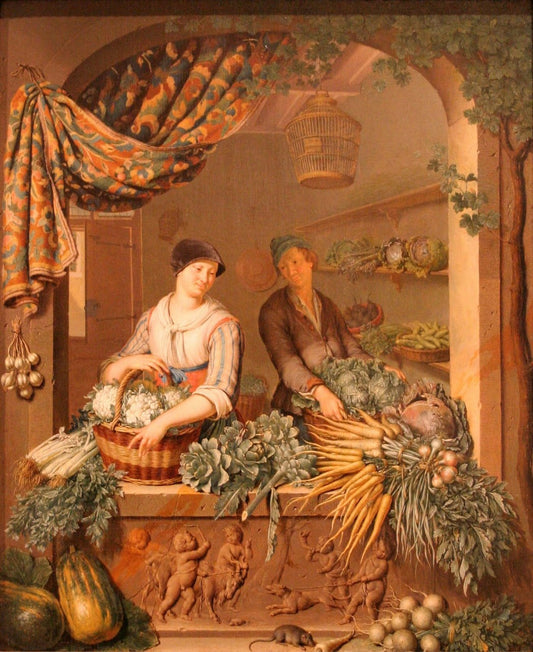 Le vendeur des legumes (The Vegetable Seller), vintage artwork by Willem van Mieris, 12x8" (A4) Poster