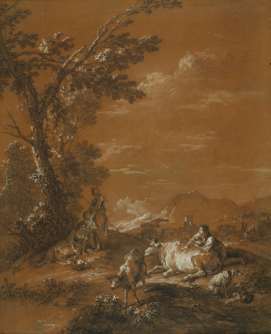 Landscape with Herdsmen and Shepherdesses, vintage artwork by Francesco Zuccarelli, 12x8" (A4) Poster