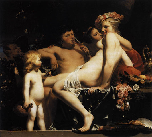 Bacchus with Nymphs and Cupid, vintage artwork by Caesar van Everdingen, 12x8" (A4) Poster