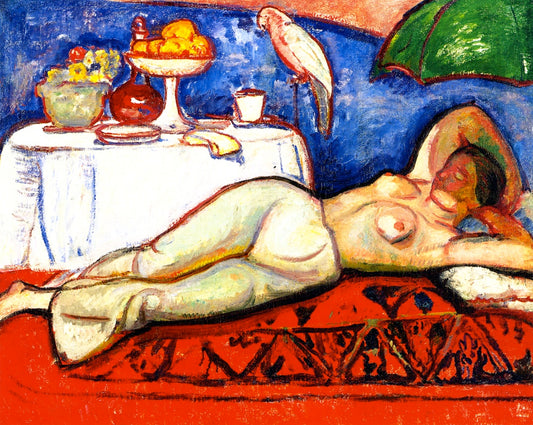 Nude with Parrott, vintage artwork by Bela Iványi Grünwald, 12x8" (A4) Poster
