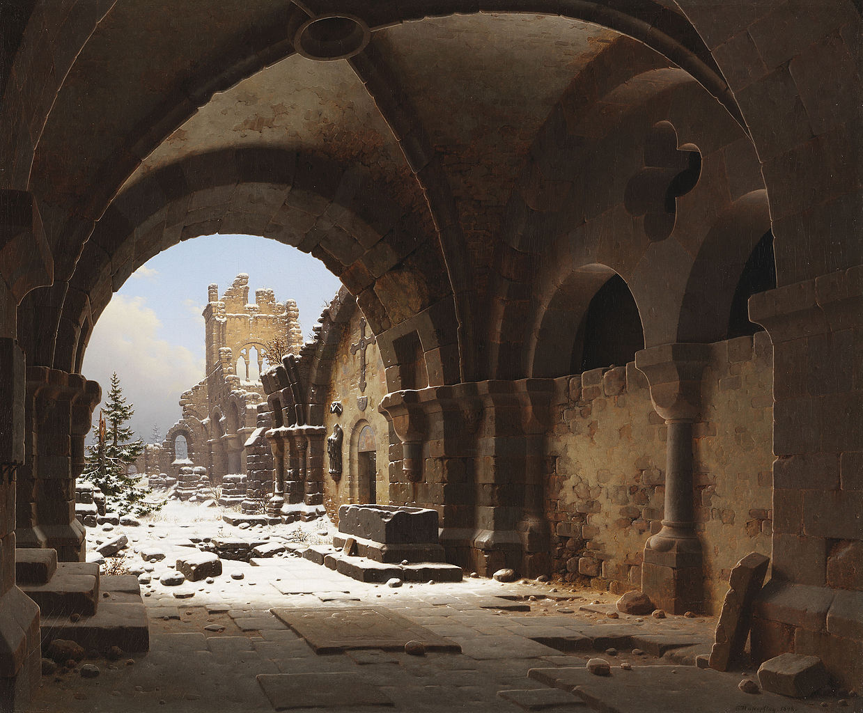 View of Church Ruins in Winter, vintage artwork by Carl Hasenpflug, A3 (16x12") Poster Print