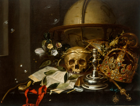 Vanitas Still Life with Flowers, Watch, Burned-out Candle, Jeweled Crown, Soap Bubbles, and Skull, vintage artwork by Hendrick Andriessen, 12x8" (A4) Poster