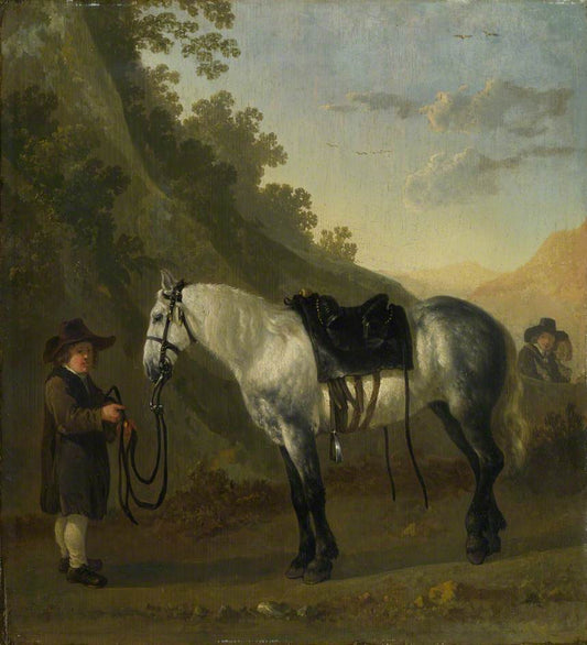 A Boy Holding a Grey Horse, vintage artwork by Attributed to Abraham van Calraet, 12x8" (A4) Poster
