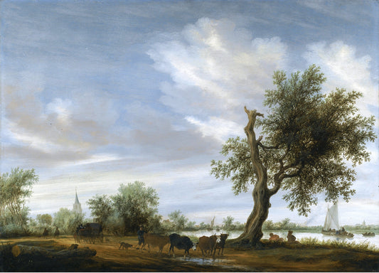 A River Landscape with Travellers and Herders on a Path, a Church beyond, vintage artwork by Salomon van Ruysdael, 12x8" (A4) Poster