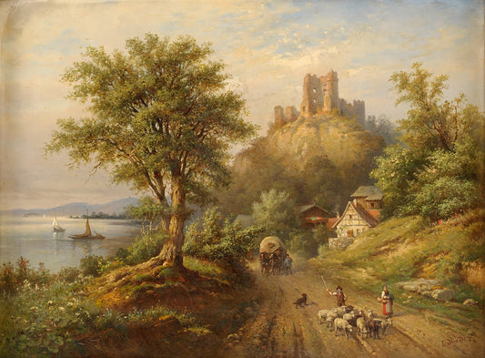 Landscape with Lake and Castle Ruins, vintage artwork by Ernst Hader, 12x8" (A4) Poster
