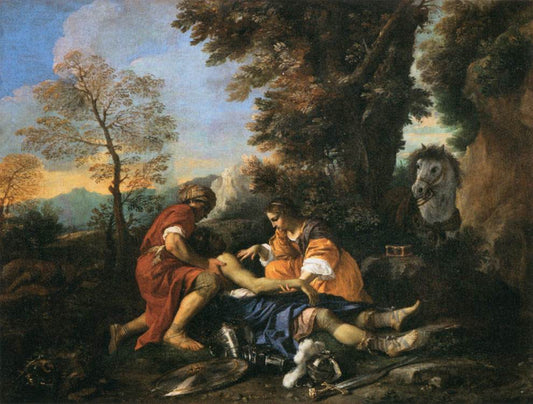 Tancred Revived by  Erminia and Vafrine after the Combat with Argantes, vintage artwork by Pier Francesco Mola, 12x8" (A4) Poster