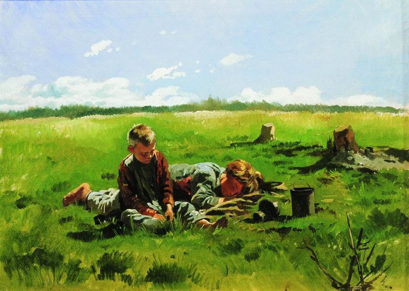 Boys in the Field, vintage artwork by Vladimir Yegorovich Makovsky, 12x8" (A4) Poster