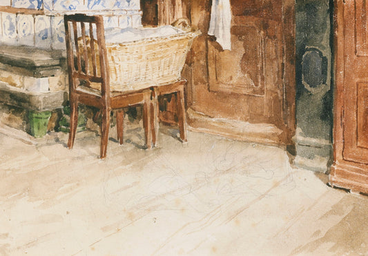 Corner Stove with Laundry Basket, vintage artwork by Albert Anker, 12x8" (A4) Poster