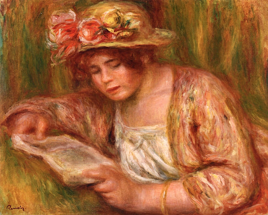 Andree in a Hat, Reading, vintage artwork by Pierre Auguste Renoir, 12x8" (A4) Poster
