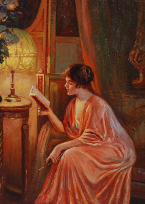 Lady Reading by  Lamplight, vintage artwork by Delphin Enjolras, 12x8" (A4) Poster
