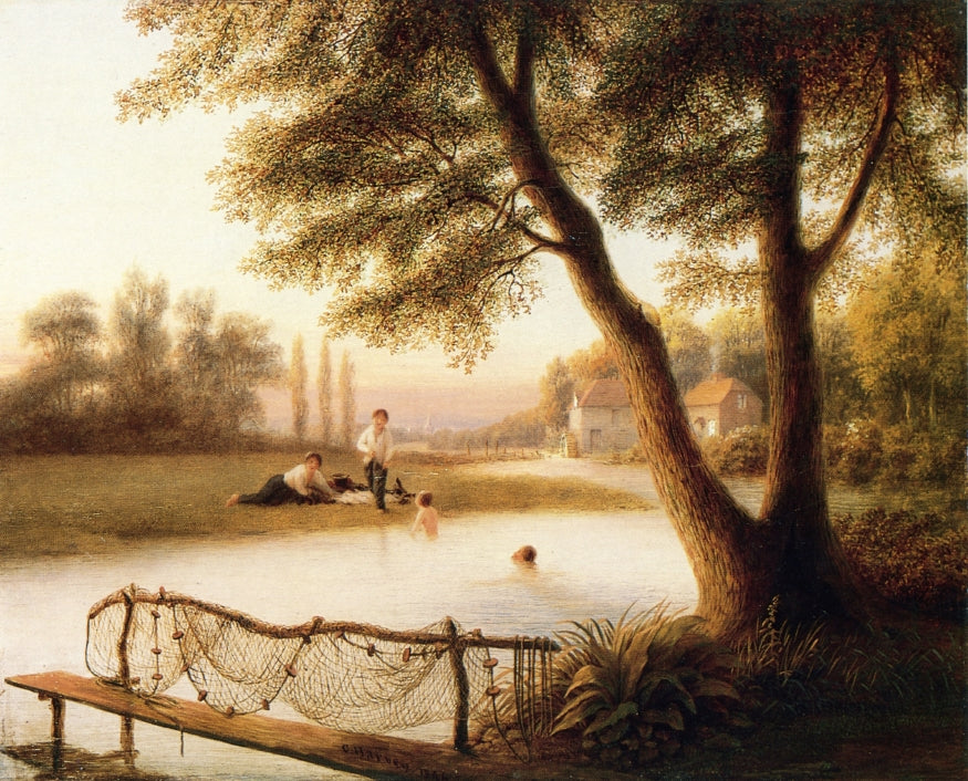 Sunset - Boys Bathing, vintage artwork by George Harvey, A3 (16x12") Poster Print