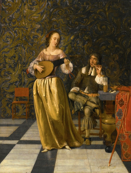 A Lady Playing a Lute with a Gentleman Seated at a Table in an Interior, vintage artwork by Eglon Hendrick van der Neer, 12x8" (A4) Poster