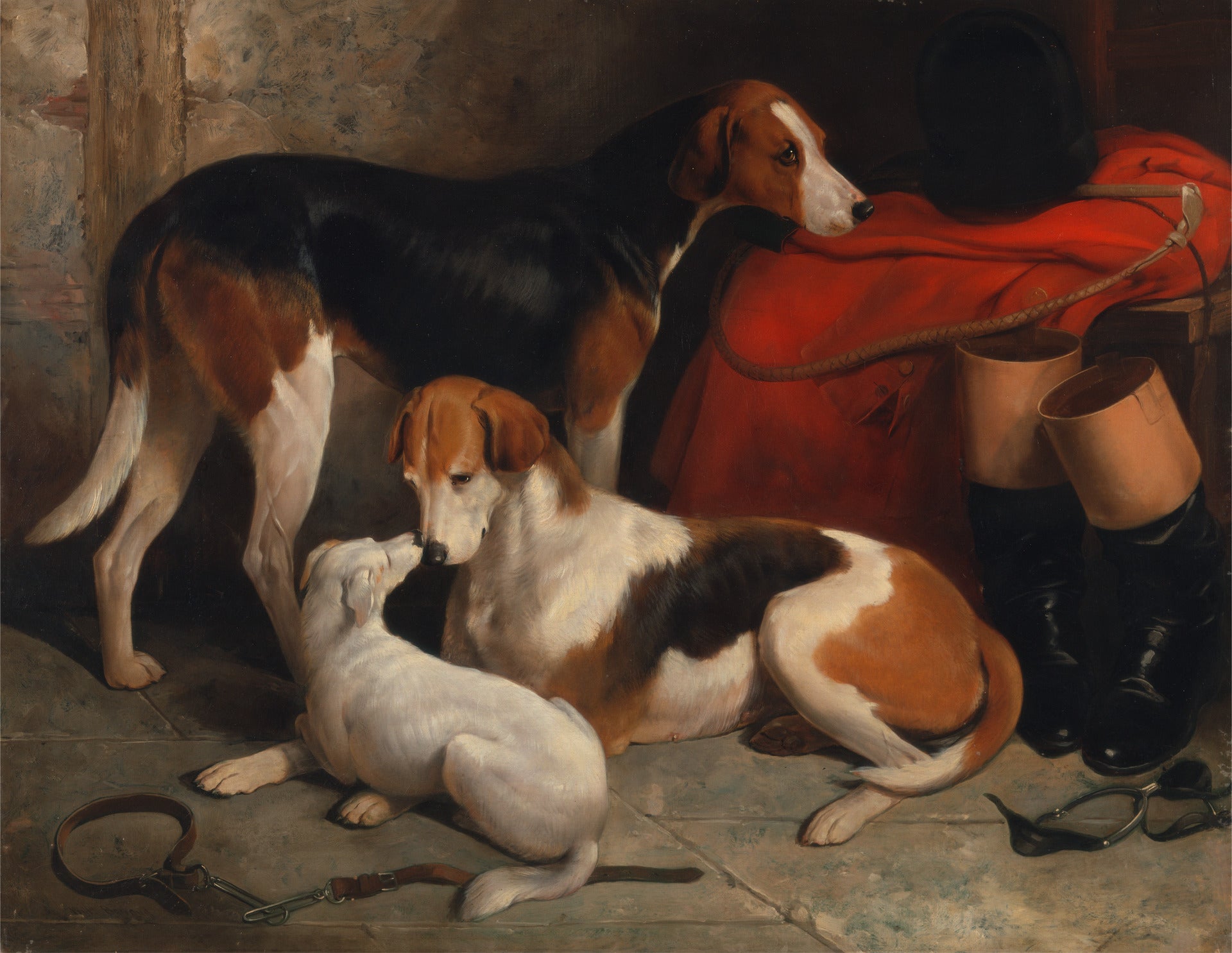 A Couple of Foxhounds with a Terrier, the property of Lord Henry Bentinck, vintage artwork by William Barraud, A3 (16x12") Poster Print