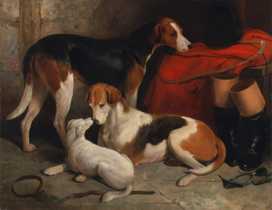 A Couple of Foxhounds with a Terrier, the property of Lord Henry Bentinck, vintage artwork by William Barraud, A3 (16x12") Poster Print