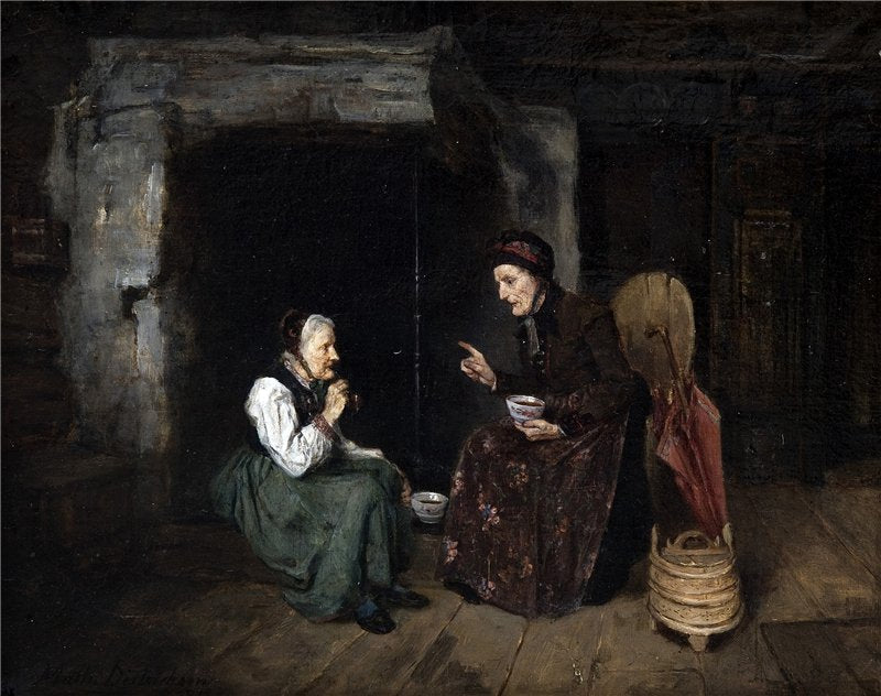 Two women by  the fireplace, vintage artwork by Johanne Mathilde Dietrichson, 12x8" (A4) Poster