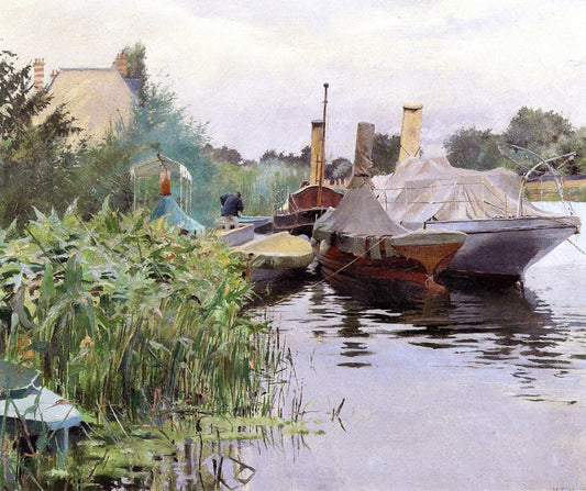 Boats in the River Marne, vintage artwork by Ferdinand-Joseph Gueldry, 12x8" (A4) Poster