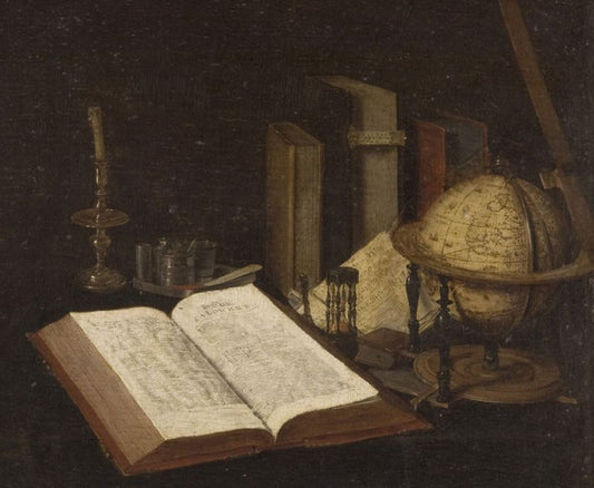 Still Life with Books and a Globe, vintage artwork by Jan van der Heyden, 12x8" (A4) Poster