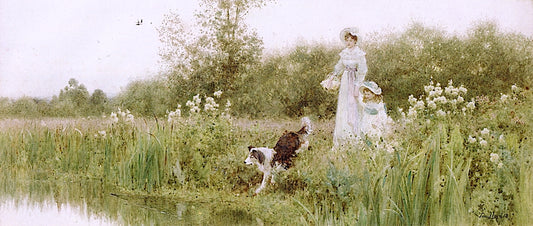 A Mother and Child with Their Sheepdog on the Banks of a River, vintage artwork by Thomas James Lloyd, 12x8" (A4) Poster