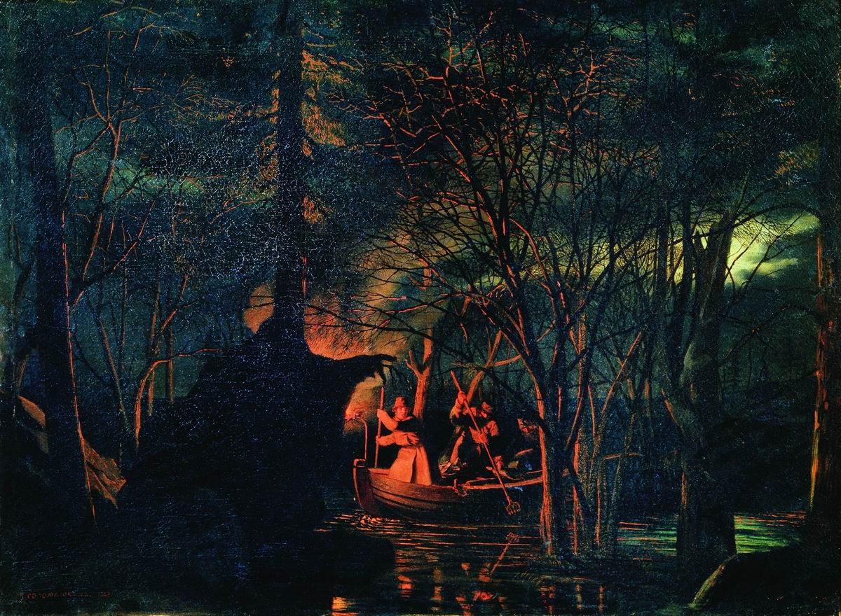 Fishing at Night, vintage artwork by Leonid Solomatkin, 12x8" (A4) Poster