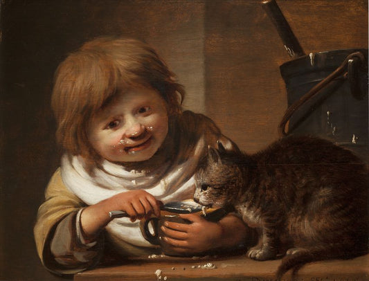 Child Feeding a Cat, vintage artwork by Cornelis Bisschop, 12x8" (A4) Poster