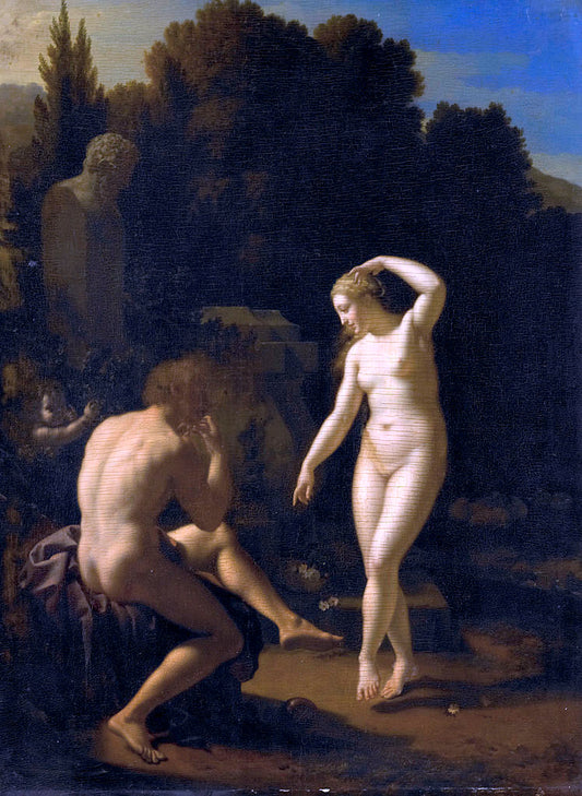 A Nymph Dancing to a Shepherd's Flute-Playing, vintage artwork by Adriaen van der Werff, 12x8" (A4) Poster