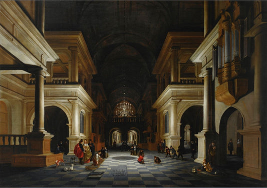 The Interior of a Renaissance Style Church, vintage artwork by Anthonie Delorme, 12x8" (A4) Poster